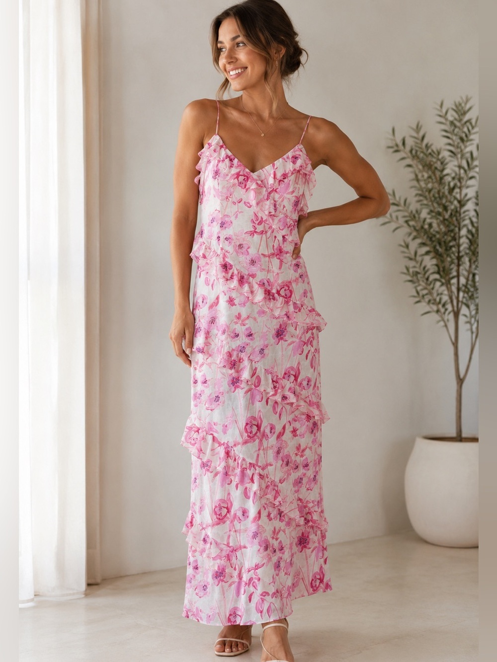 Floral Pink Ruffle Maxi Dress - Spaghetti Strap